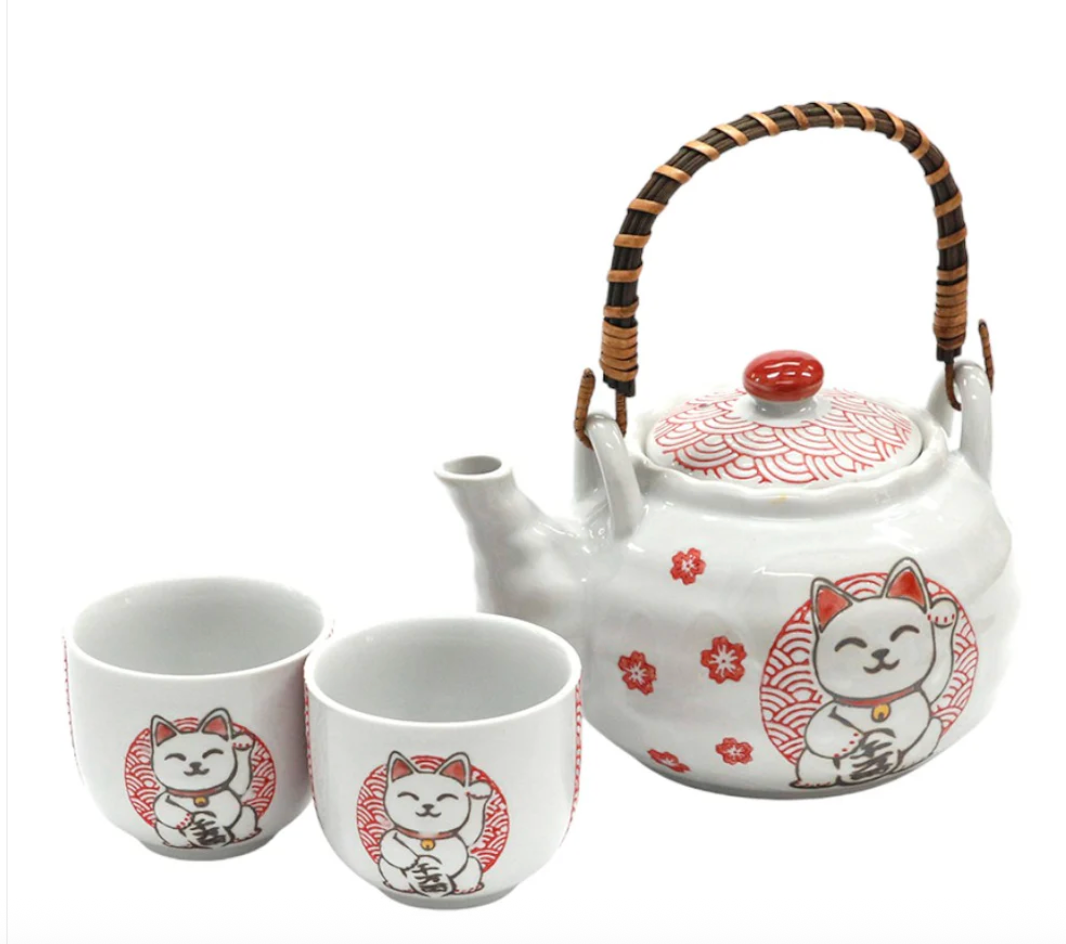 Lucky Cat Maneki Neko Seigaiha Tea Set 22oz Tea Pot with 2 Cups by Urban Tokyo