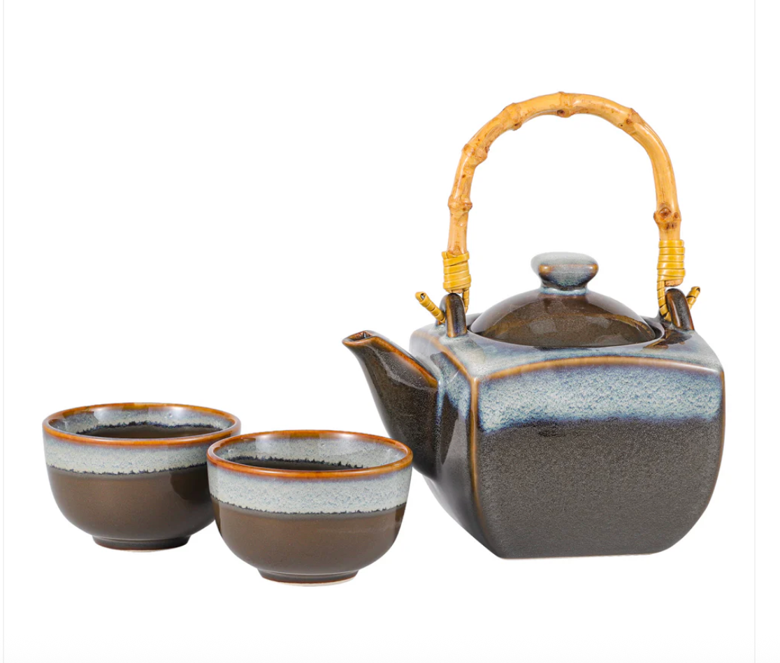 Green and Brown Square Tea Set 32oz Tea Pot with 2 Cups by Urban Tokyo
