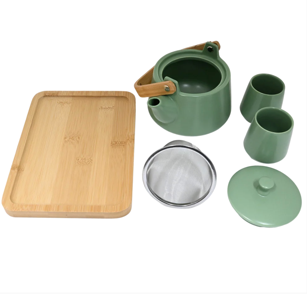 Green Matte Glazed Tea Set 22 oz Tea Pot with 2 Cups and Wooden Tray by Urban Tokyo
