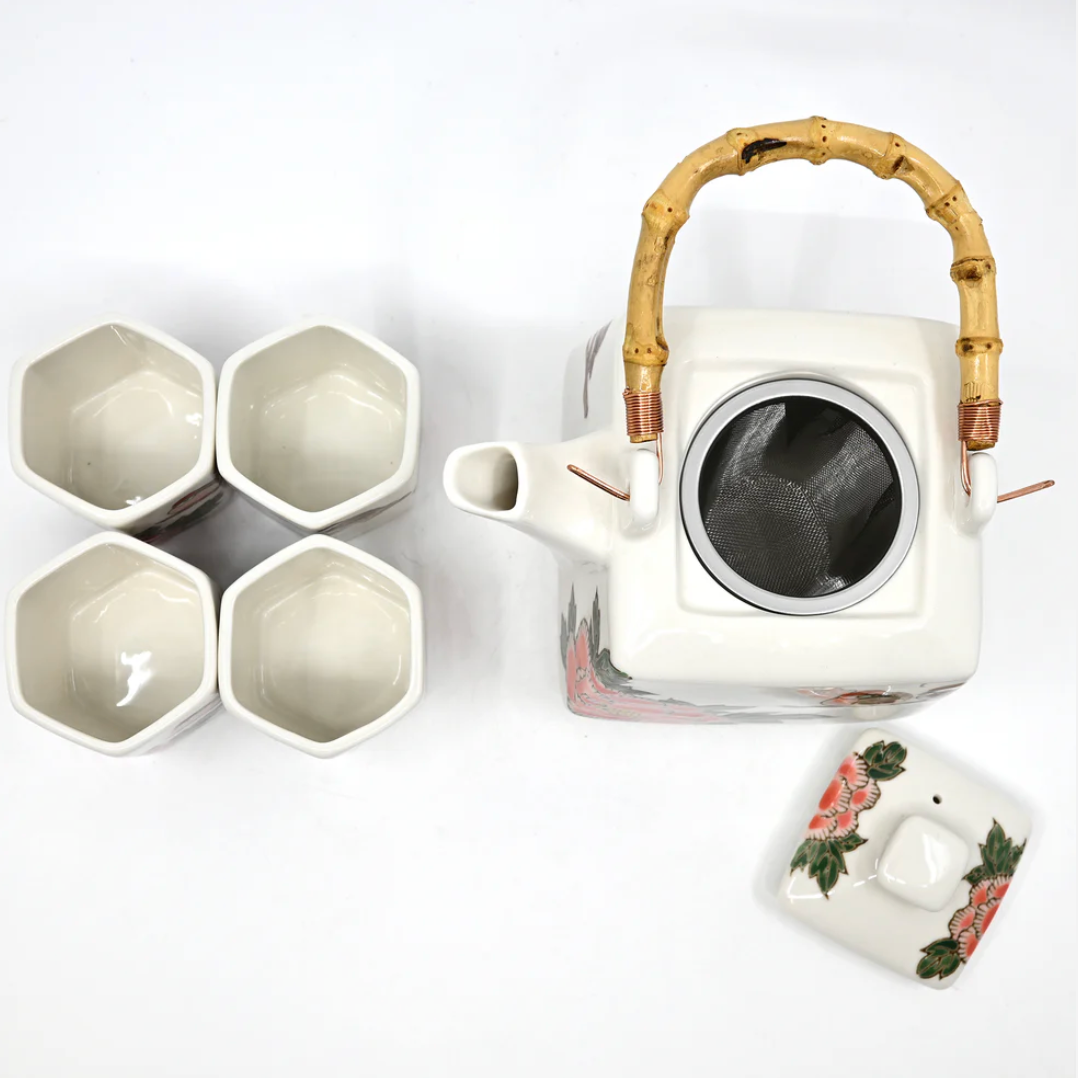 Twin Sparrows Peony Design Tea Set 20oz Tea Pot with 4 Hexagon Cups by Urban Tokyo