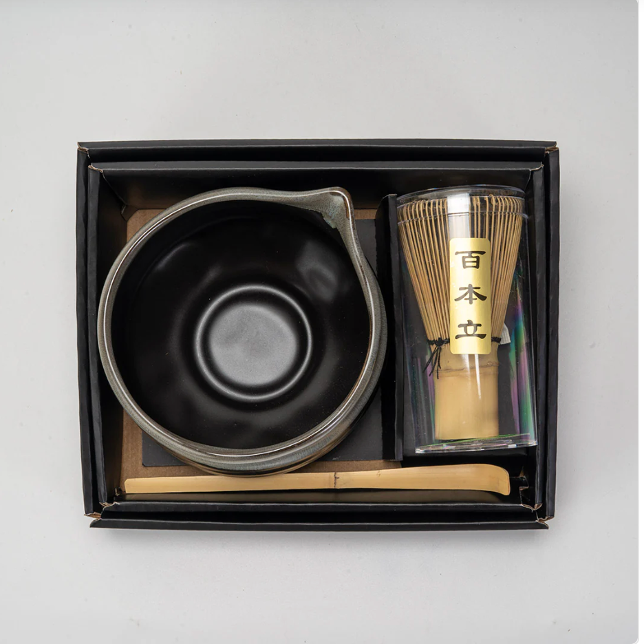 Matcha Set 20oz Porcelain Latte Bowl with Whisk and Scoop Gray Black by Urban Tokyo