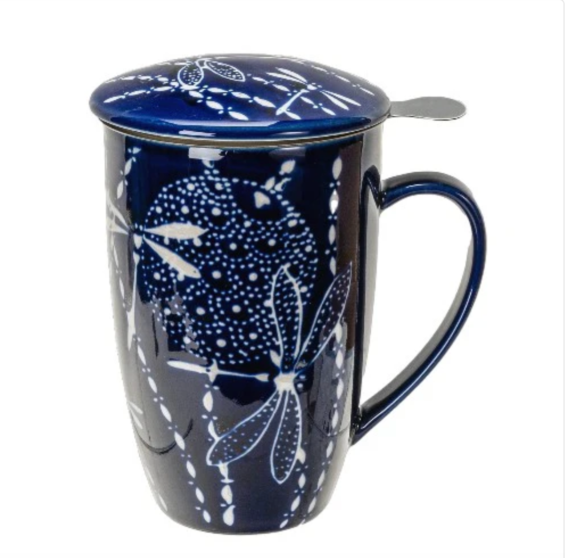Dragonfly Design 15oz Tea Mugs with Lid and Infuser for Loose Leaf Tea by Urban Tokyo