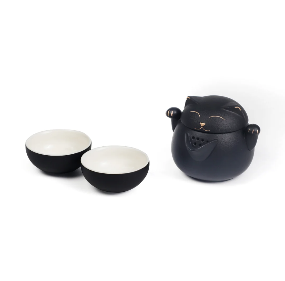 Maneki Neko Lucky Cat 3 Piece Tea Set Black by Urban Tokyo