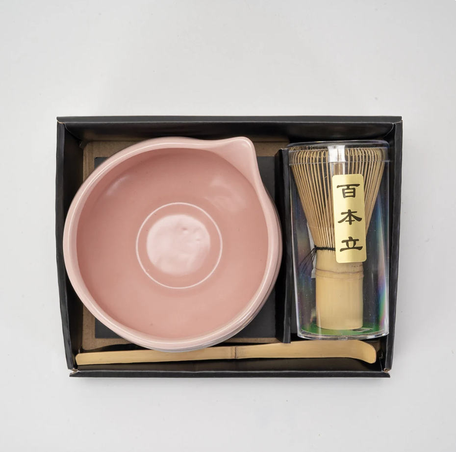 Matcha Set 20oz Porcelain Latte Bowl with Whisk and Scoop Pink Brushstroke By Urban Tokyo