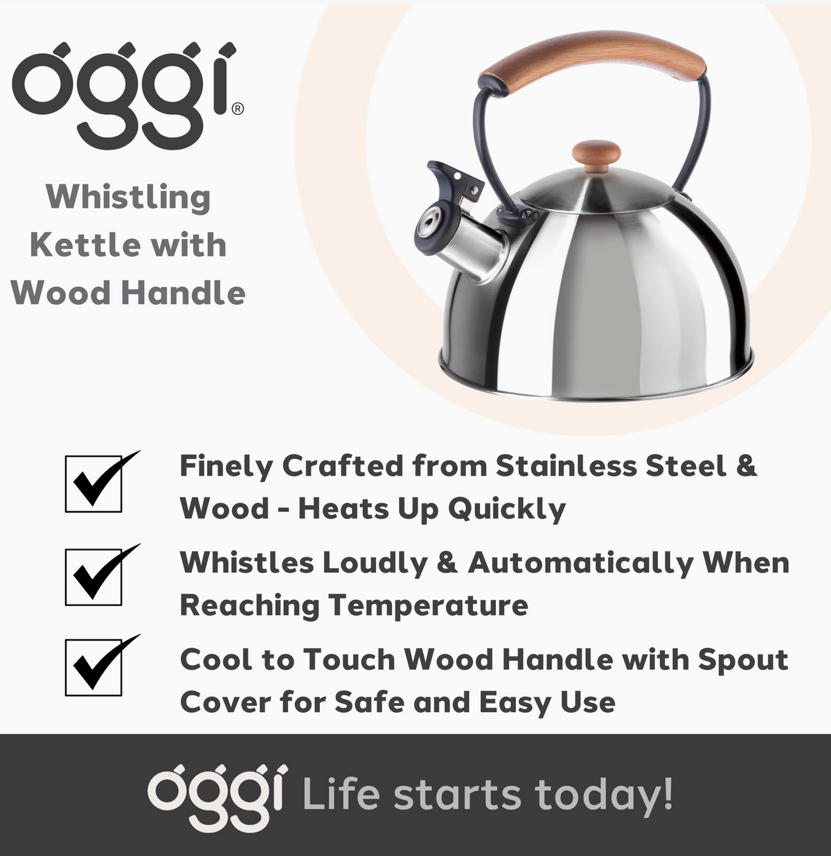 Wood Handle Stainless Steel Stovetop Kettle With Whistle by Oggi