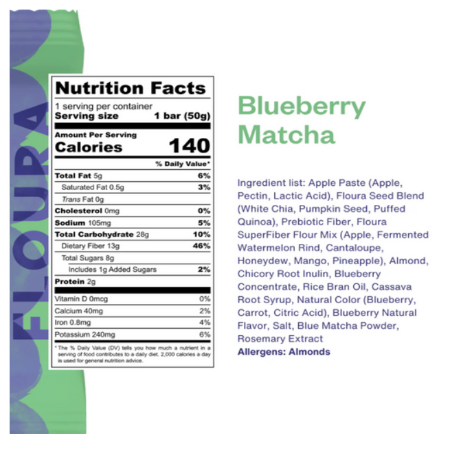 Blueberry Matcha Prebiotic Bar by Floura & Co.
