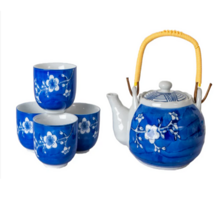 Ume Plum Blossoms Blue Tea Set 22oz Tea Pot with 4 Cups By Urban Tokyo