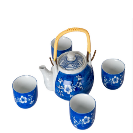 Ume Plum Blossoms Blue Tea Set 22oz Tea Pot with 4 Cups By Urban Tokyo