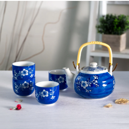 Ume Plum Blossoms Blue Tea Set 22oz Tea Pot with 4 Cups By Urban Tokyo