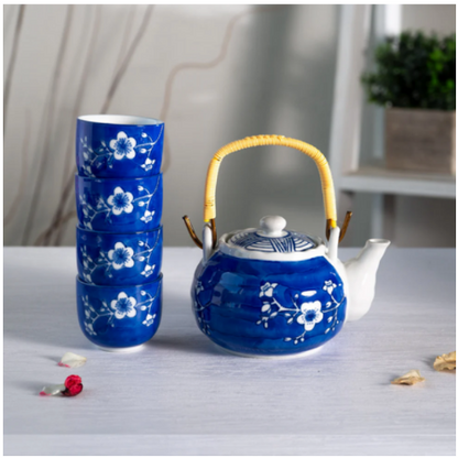 Ume Plum Blossoms Blue Tea Set 22oz Tea Pot with 4 Cups By Urban Tokyo