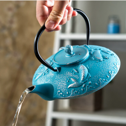 Blue Koi Fish Design 27oz Cast Iron Teapot by Urban Tokyo