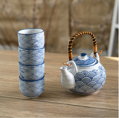 Japanese Seikaiha Waves Tea Set 22oz Tea Pot with 4 Cups