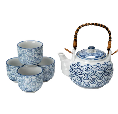 Japanese Seikaiha Waves Tea Set 22oz Tea Pot with 4 Cups