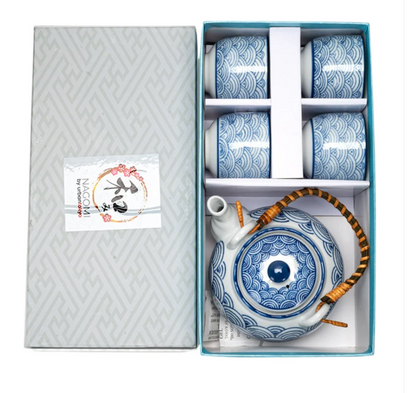 Japanese Seikaiha Waves Tea Set 22oz Tea Pot with 4 Cups