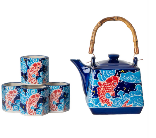 Koi Fishes Tea Set 20oz Tea Pot with 4 Hexagon Cups by Urban Tokyo
