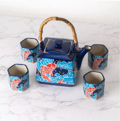 Koi Fishes Tea Set 20oz Tea Pot with 4 Hexagon Cups by Urban Tokyo