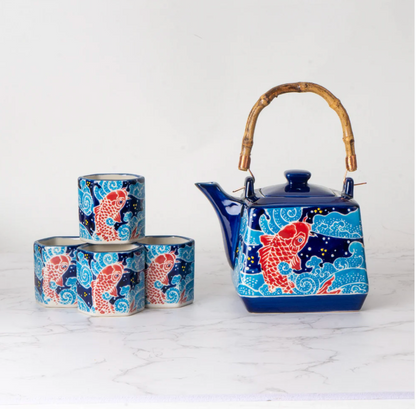 Koi Fishes Tea Set 20oz Tea Pot with 4 Hexagon Cups by Urban Tokyo