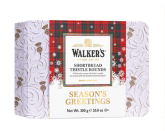 Season's Greetings Shortbread Thistle Rounds Tin by Walkers Shortbread