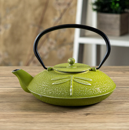 Green Dragonfly Design 37oz Cast Iron Tea Pot by Urbban Tokyo
