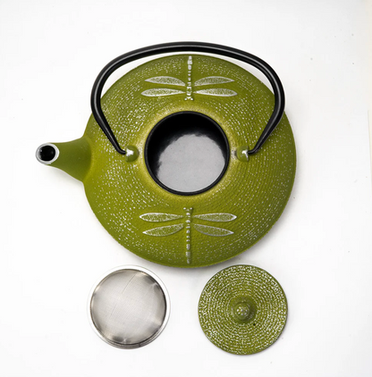 Green Dragonfly Design 37oz Cast Iron Tea Pot by Urbban Tokyo