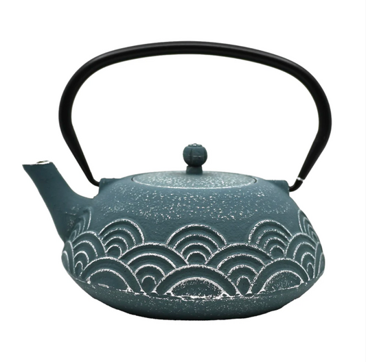 Blue Seigaiha Design 40oz Cast Iron Tea Pot by Urban Tokyo