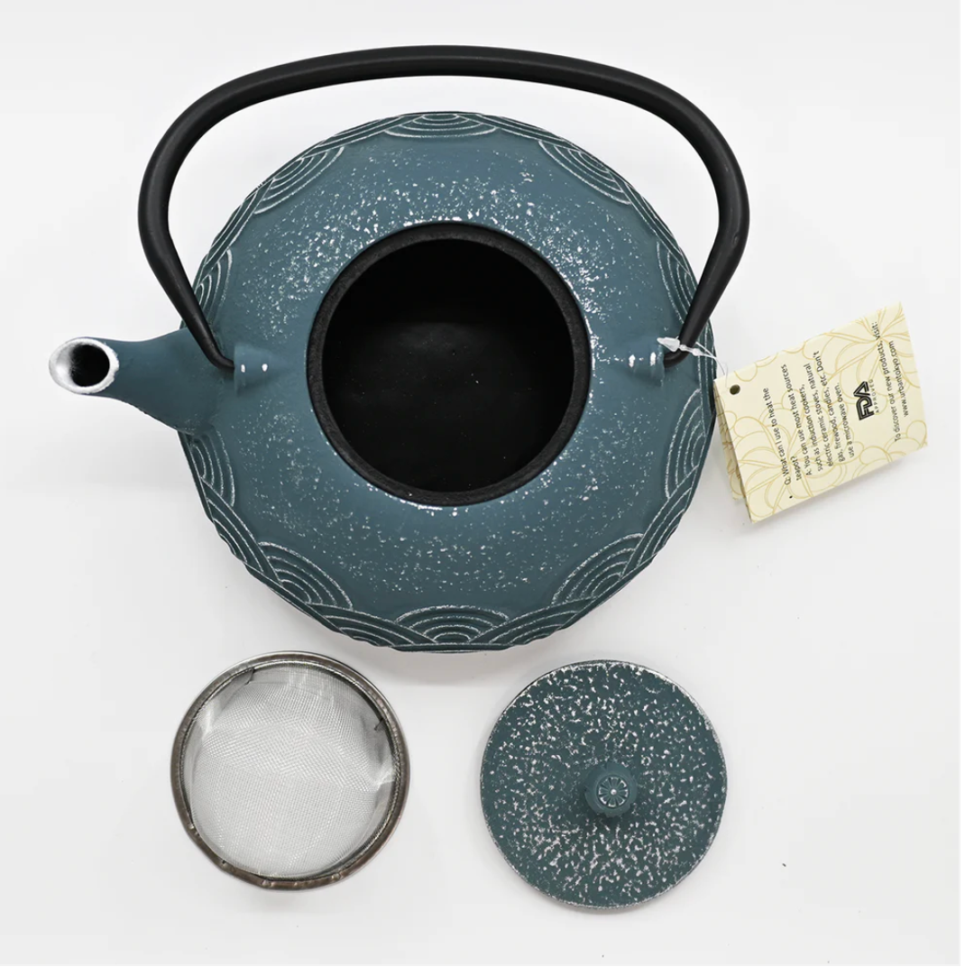 Blue Seigaiha Design 40oz Cast Iron Tea Pot by Urban Tokyo