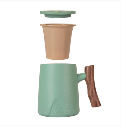 15oz Zen Wood Handle Porcelain Tea Mugs with Lid and Infuser-Mint by Urban Tokyo