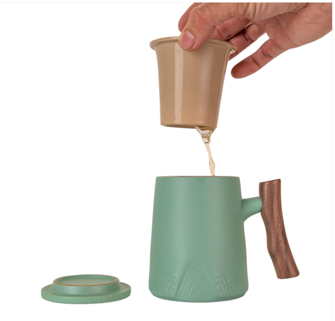 15oz Zen Wood Handle Porcelain Tea Mugs with Lid and Infuser-Mint by Urban Tokyo