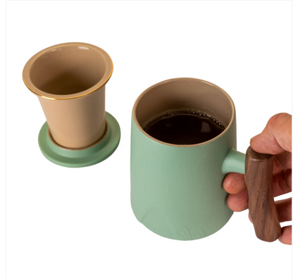 15oz Zen Wood Handle Porcelain Tea Mugs with Lid and Infuser-Mint by Urban Tokyo