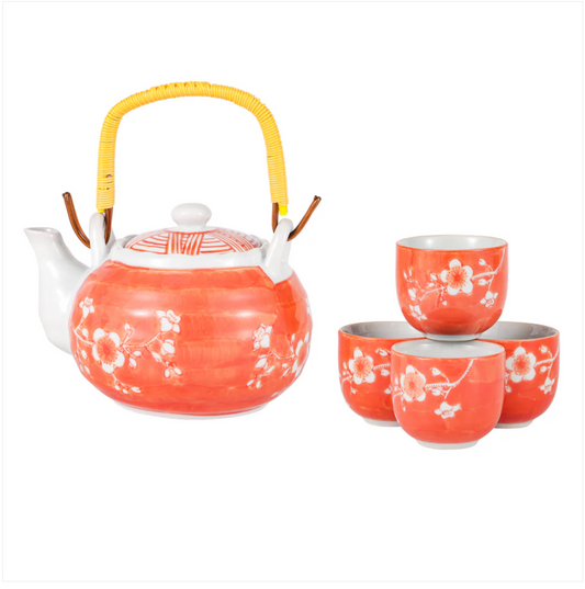 Ume Plum Blossoms Orange Tea Set 22oz Tea Pot with 4 Cups by Urban Tokyo