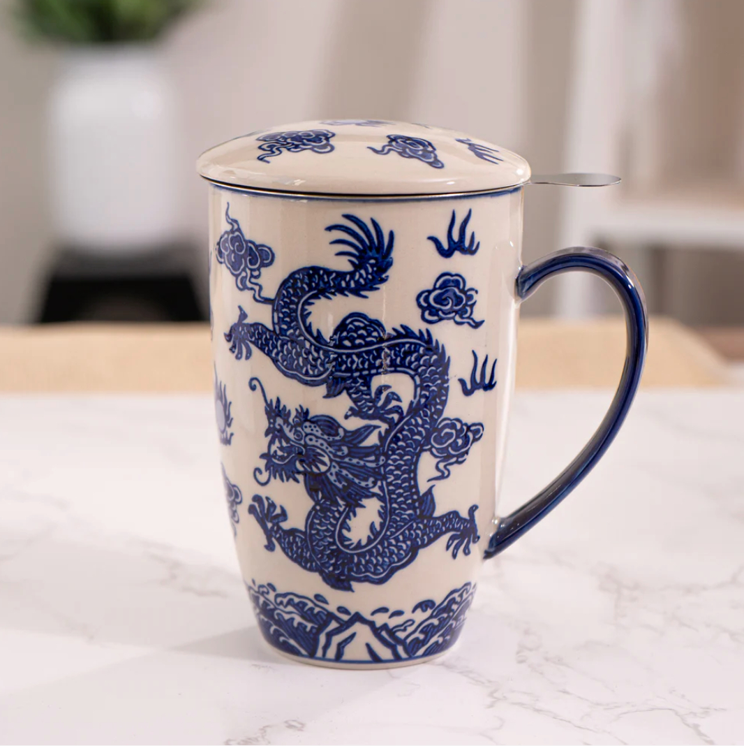 Oriental Ryu Dragon Design 15oz Tea Mugs with Lid and Infuser by Urban Tokyo