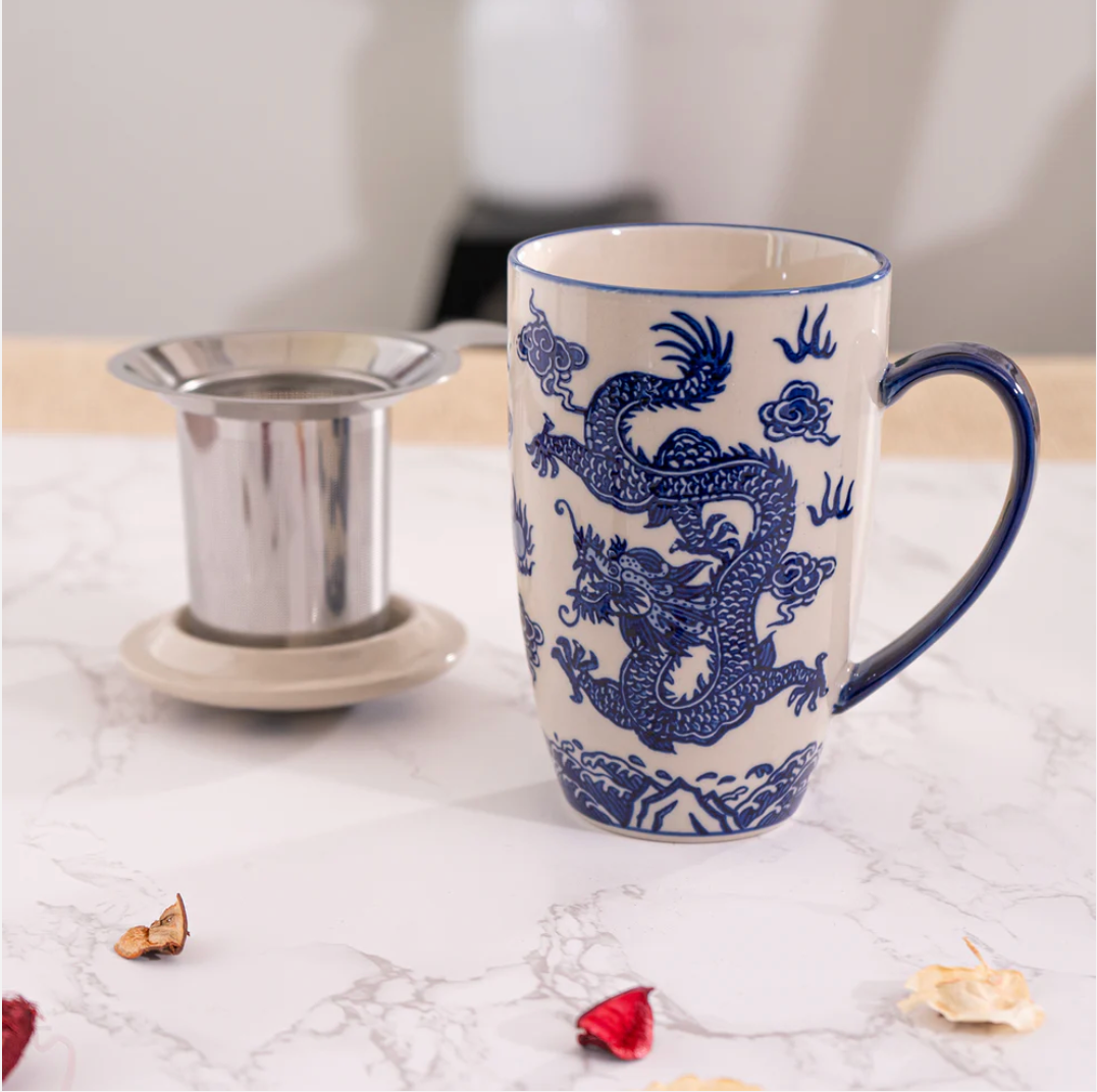 Oriental Ryu Dragon Design 15oz Tea Mugs with Lid and Infuser by Urban Tokyo