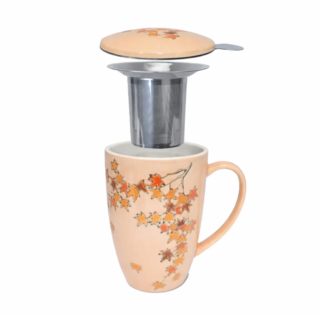 Momiji Maple Leaves Design 15oz Tea Mugs with Lid and Infuser