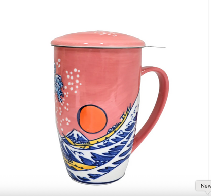 Sunset Wave Design 15oz Tea Mugs with Lid and Infuser