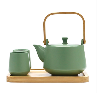 Green Matte Glazed Tea Set 22 oz Tea Pot with 2 Cups and Wooden Tray by Urban Tokyo