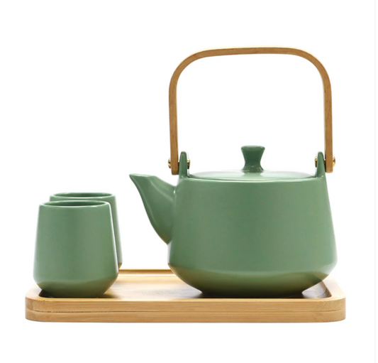 Green Matte Glazed Tea Set 22 oz Tea Pot with 2 Cups and Wooden Tray by Urban Tokyo