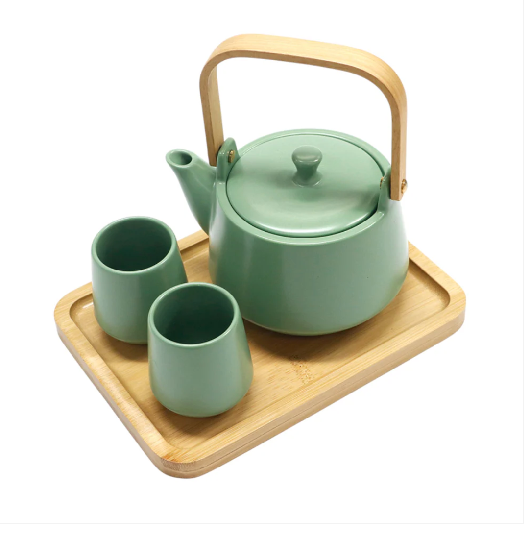Green Matte Glazed Tea Set 22 oz Tea Pot with 2 Cups and Wooden Tray by Urban Tokyo