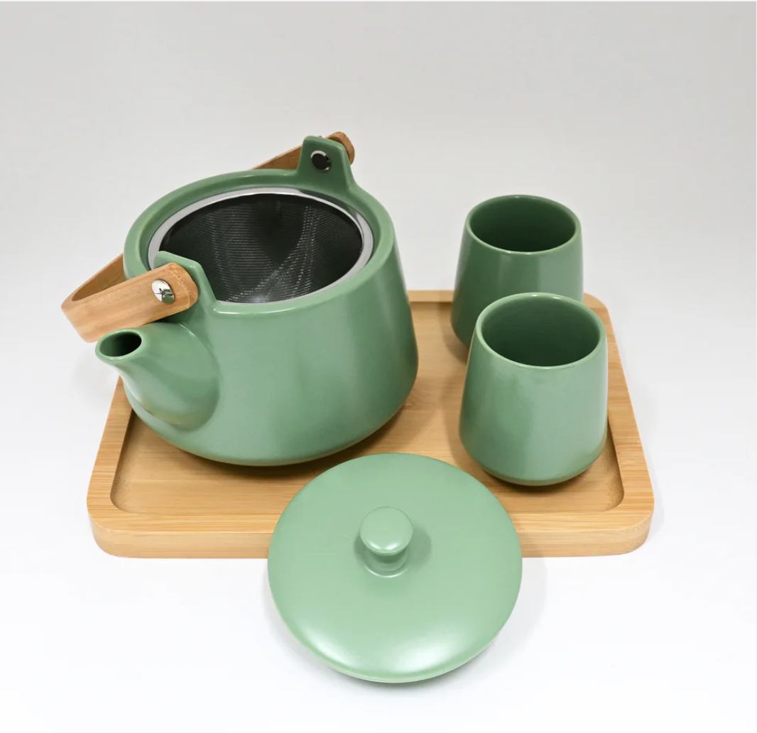 Green Matte Glazed Tea Set 22 oz Tea Pot with 2 Cups and Wooden Tray by Urban Tokyo