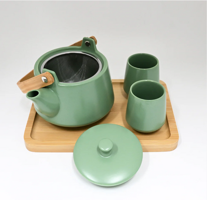 Green Matte Glazed Tea Set 22 oz Tea Pot with 2 Cups and Wooden Tray by Urban Tokyo