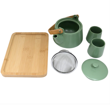 Green Matte Glazed Tea Set 22 oz Tea Pot with 2 Cups and Wooden Tray by Urban Tokyo