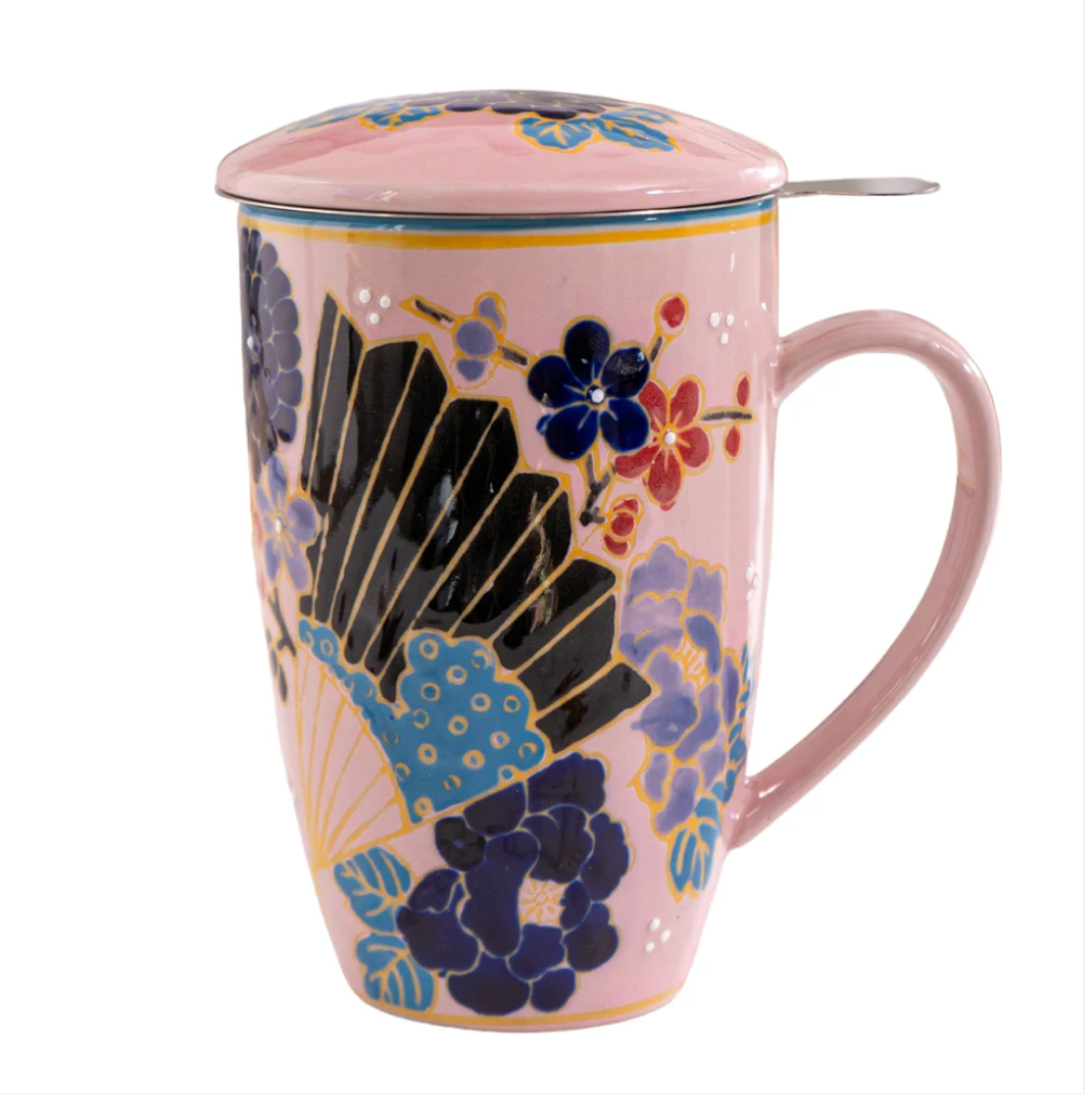 Japanese Festival Fan Design 15oz Tea Mugs with Lid and Infuser by Urban Tokyo