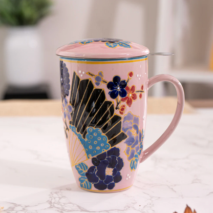 Japanese Festival Fan Design 15oz Tea Mugs with Lid and Infuser by Urban Tokyo