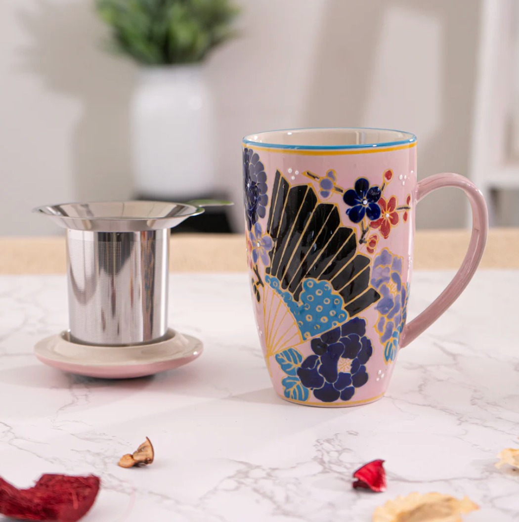 Japanese Festival Fan Design 15oz Tea Mugs with Lid and Infuser by Urban Tokyo
