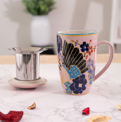 Japanese Festival Fan Design 15oz Tea Mugs with Lid and Infuser by Urban Tokyo