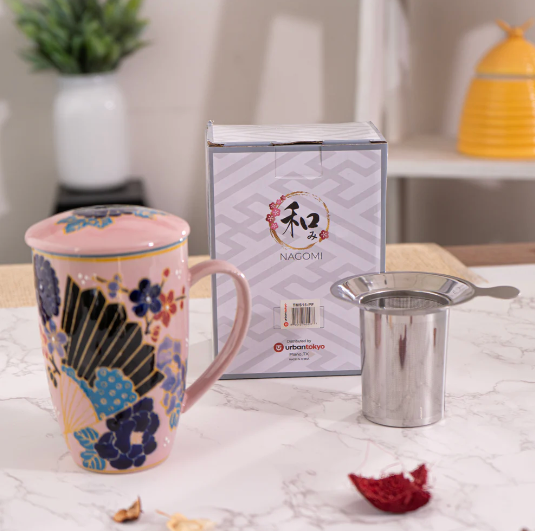 Japanese Festival Fan Design 15oz Tea Mugs with Lid and Infuser by Urban Tokyo