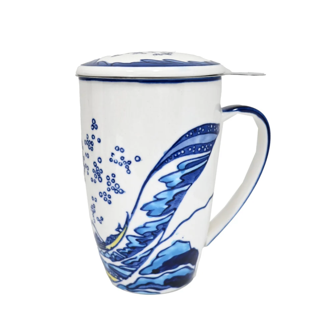 Great Wave Design 15oz Tea Mugs with Lid and Infuser by Urban Toikyo
