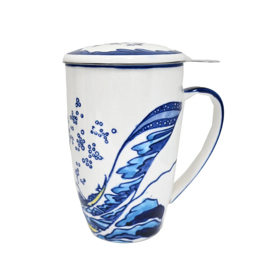 Great Wave Design 15oz Tea Mugs with Lid and Infuser by Urban Toikyo