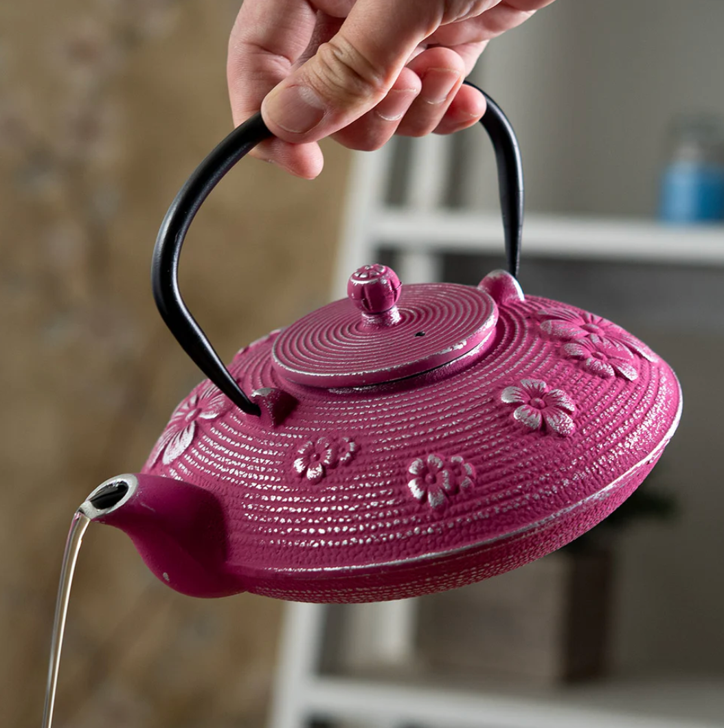 Magenta Ume Plum Blossoms 27oz Cast Iron Tea Pot by Urban tokyo