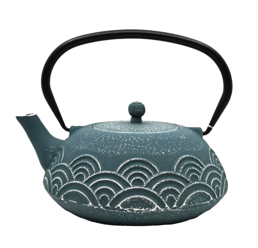 Blue Seigaiha Design 40oz Cast Iron Tea Pot by