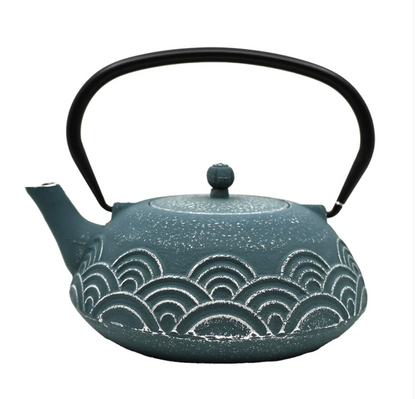 Blue Seigaiha Design 40oz Cast Iron Tea Pot by
